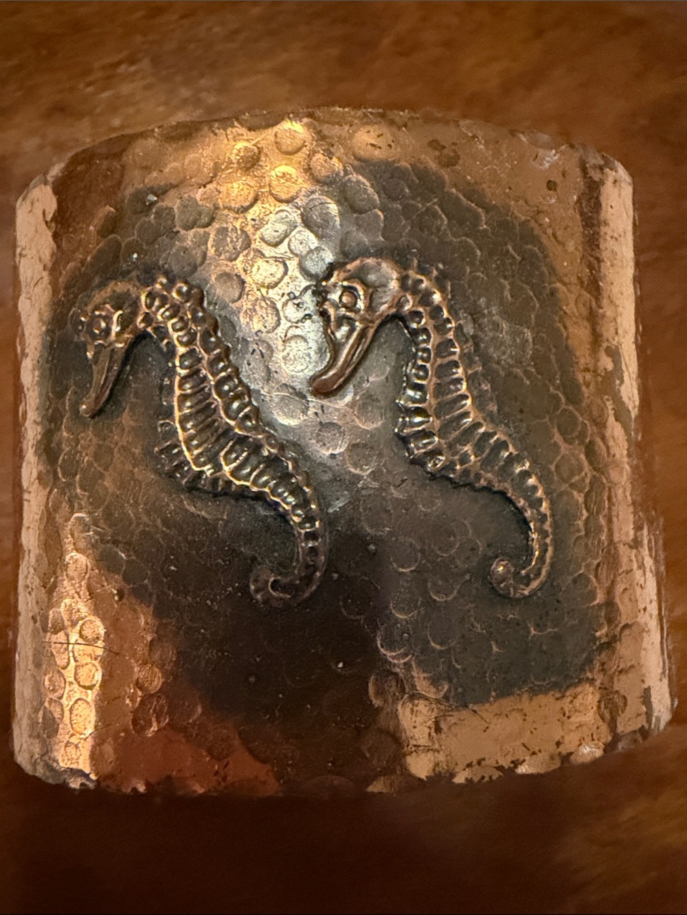 Cuff Bracelet Sea Horses, Copper Tone Finish, Textured Metal, Bevel Edge Detail - Picture 2 of 9